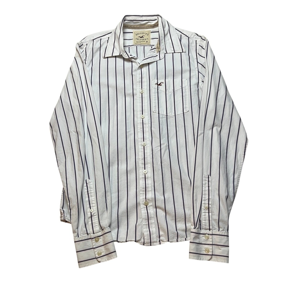 Hollister Button Up Mens M White Striped Long Sleeve Pocket Shirt Cotton Casual